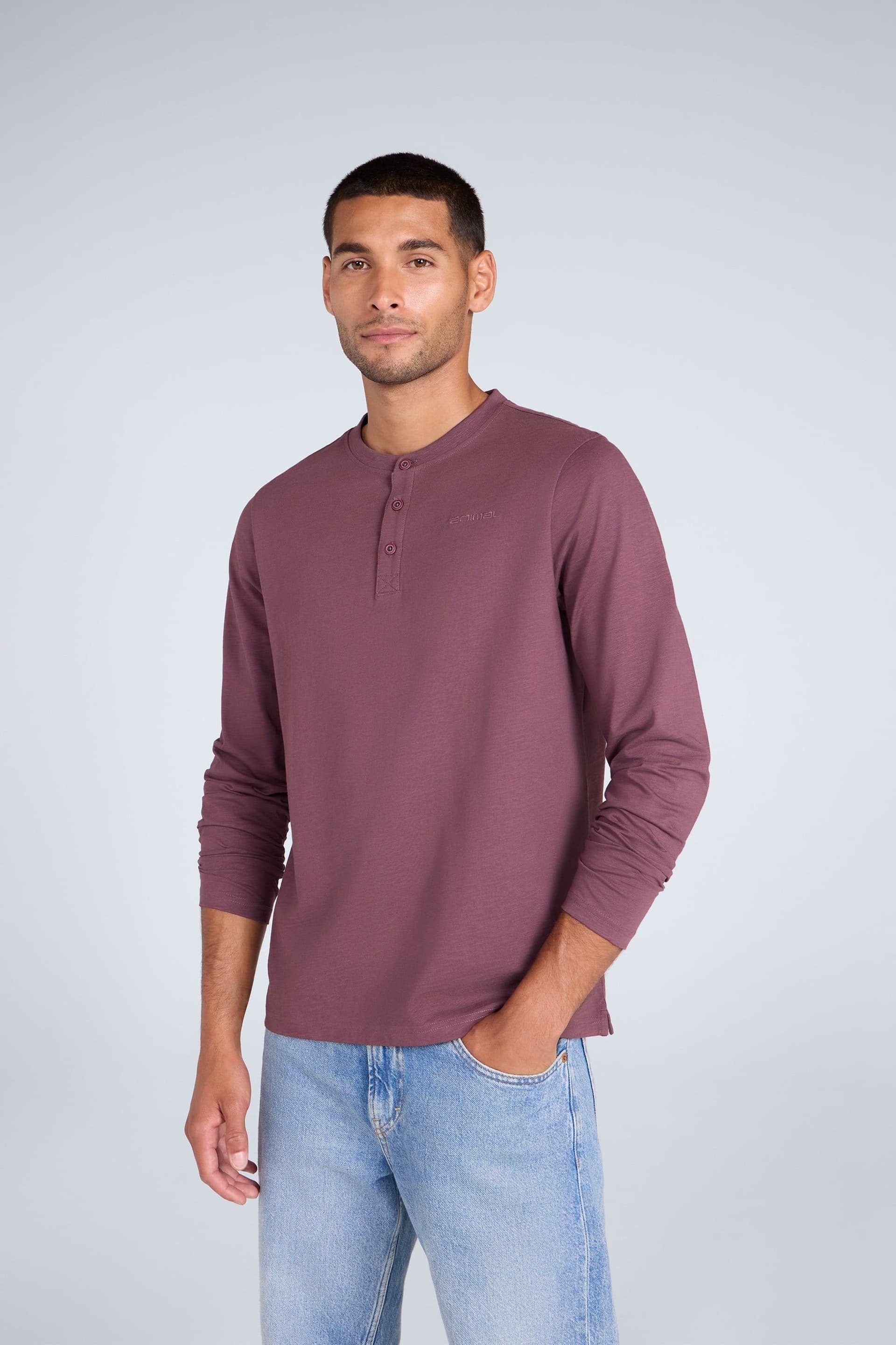 Animal Animal Men's 'Noah' Long Sleeve Lightweight Cotton Casual Henley Top T-Shirt in Dark Mauve