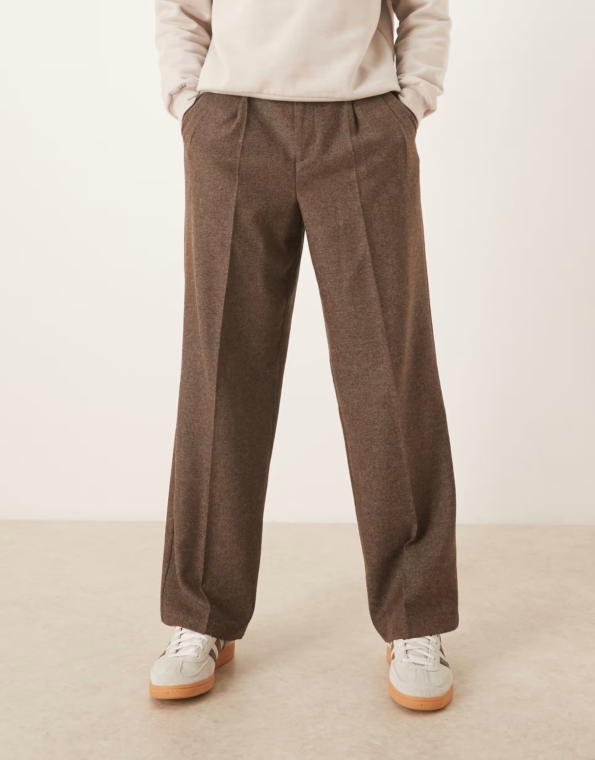 ASOS ASOS DESIGN smart wide leg double pleated trousers with wool blend in brown - BROWN
