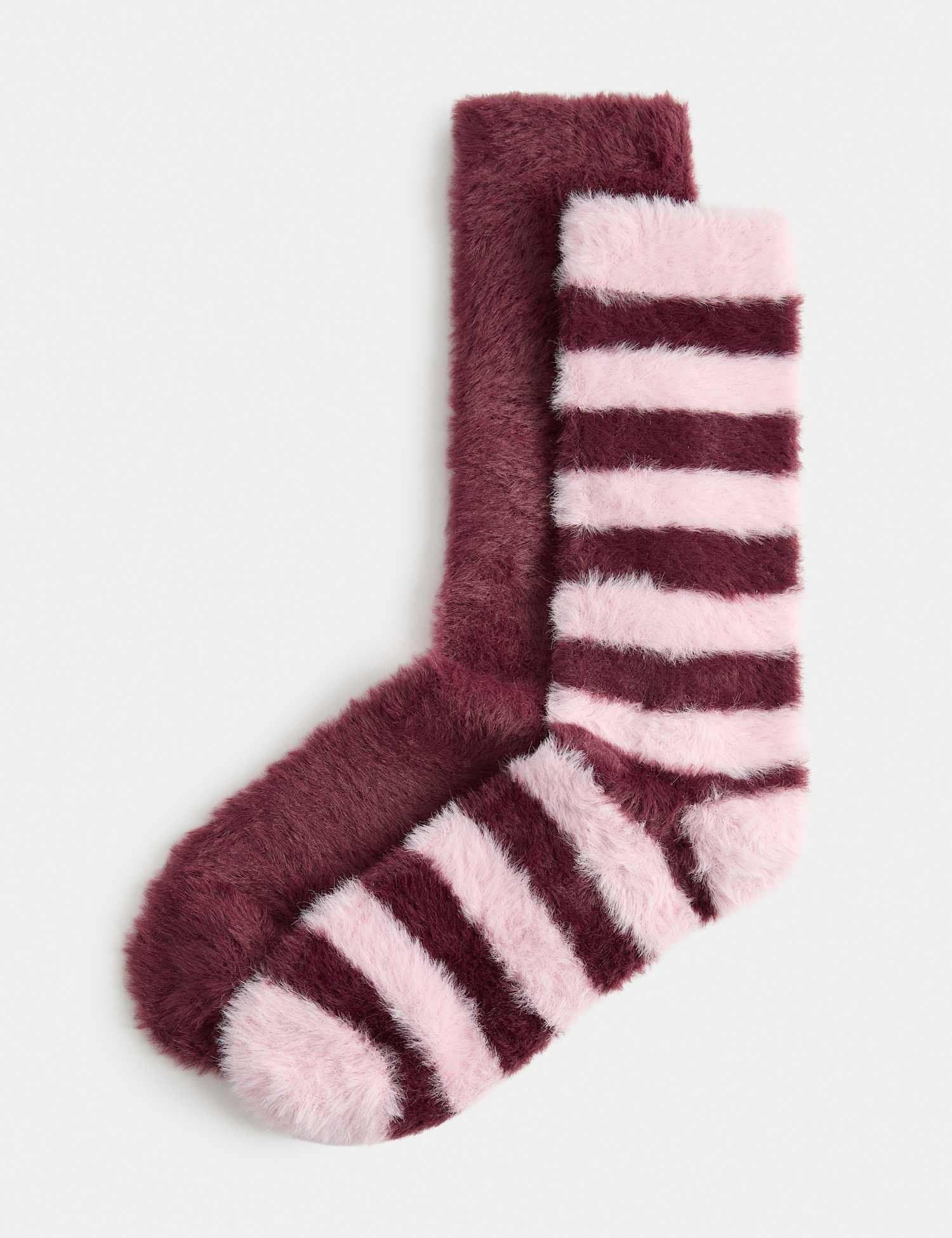 Marks & Spencer M&S 2 Pack Cosy Striped Fluffy Socks Pink Mix