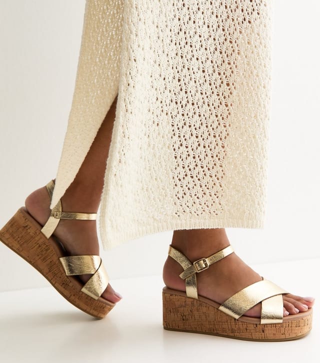 New Look Women's Wide Fit Gold Faux Leather Cork Platform Sandals Vegan New Look - 2