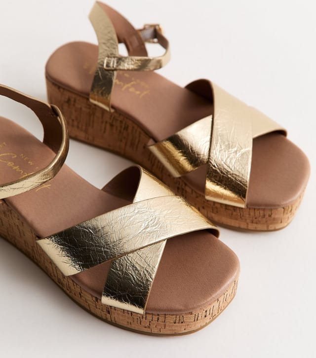 New Look Women's Wide Fit Gold Faux Leather Cork Platform Sandals Vegan New Look - 3