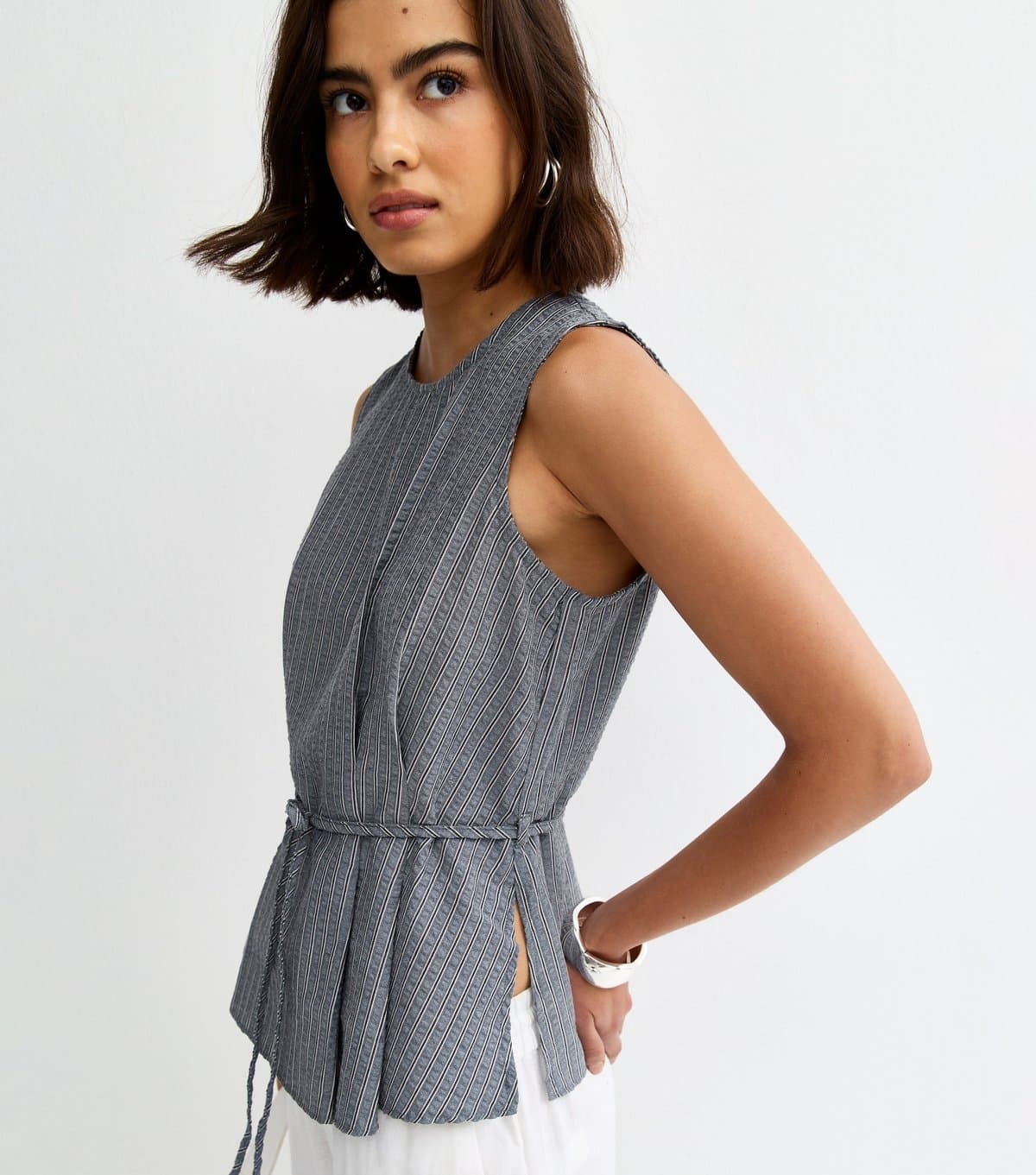 New Look Women's Blue Pinstripe Longline Belt Tunic Top New Look