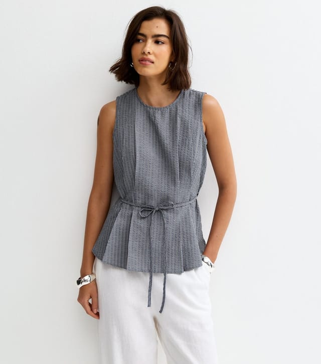 New Look Women's Blue Pinstripe Longline Belt Tunic Top New Look - 2