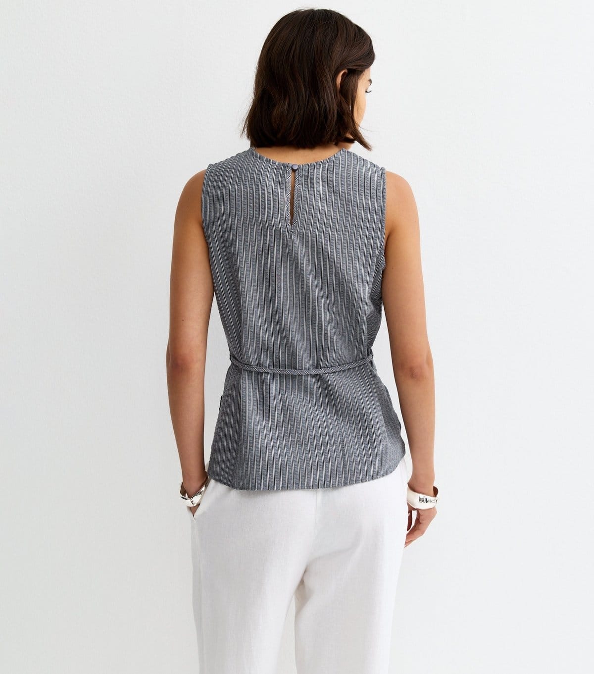 New Look Women's Blue Pinstripe Longline Belt Tunic Top New Look - 4