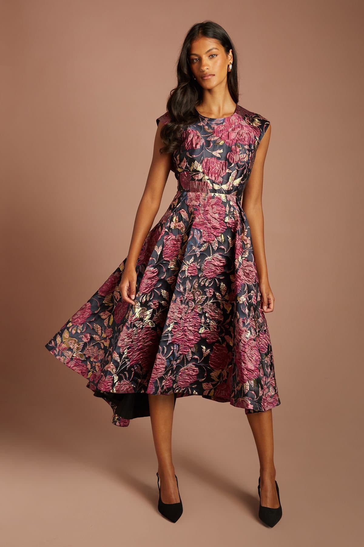 Coast Coast Women's Petite Cap Sleeve High Low Jacquard Midi Dress in Navy