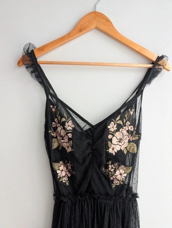 Bershka Bershka Black Floral Embroidered Mesh Tulle Maxi Midi dress XS - 1