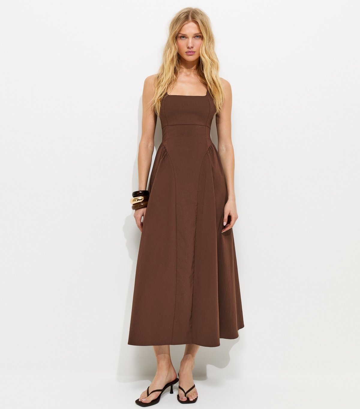 New Look Women's Brown Square Neck Gathered Hips Midi Dress New Look - 2