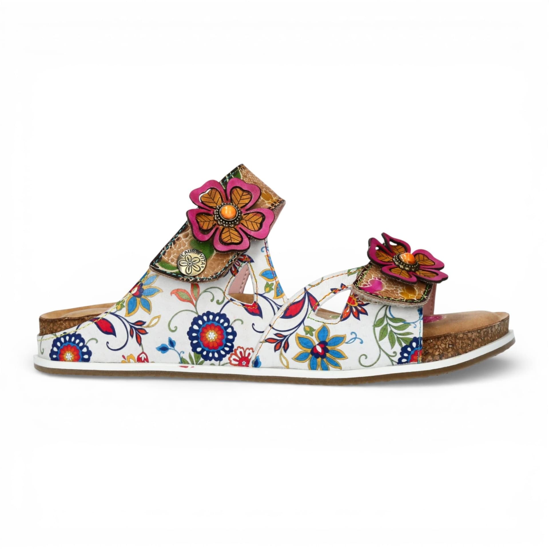 laura vita Laura Vita Women's Floral Leather Strappy Slipper Sandals - Brcyano 32 in White