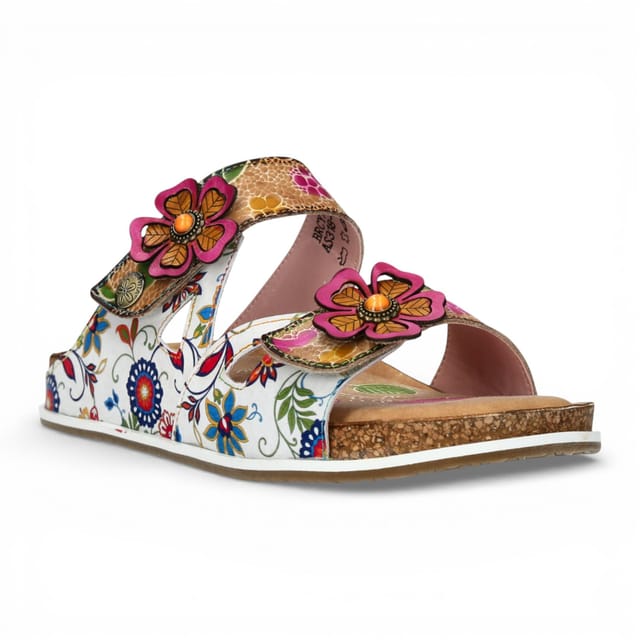 laura vita Laura Vita Women's Floral Leather Strappy Slipper Sandals - Brcyano 32 in White - 2