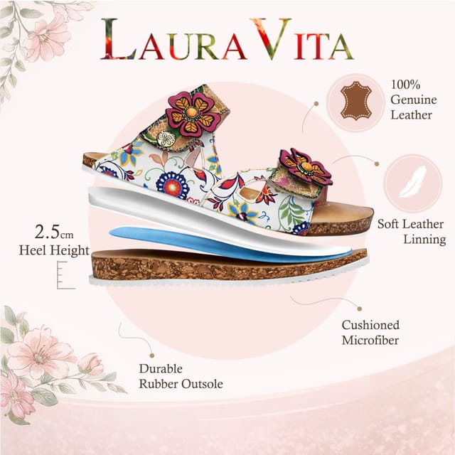 laura vita Laura Vita Women's Floral Leather Strappy Slipper Sandals - Brcyano 32 in White - 3