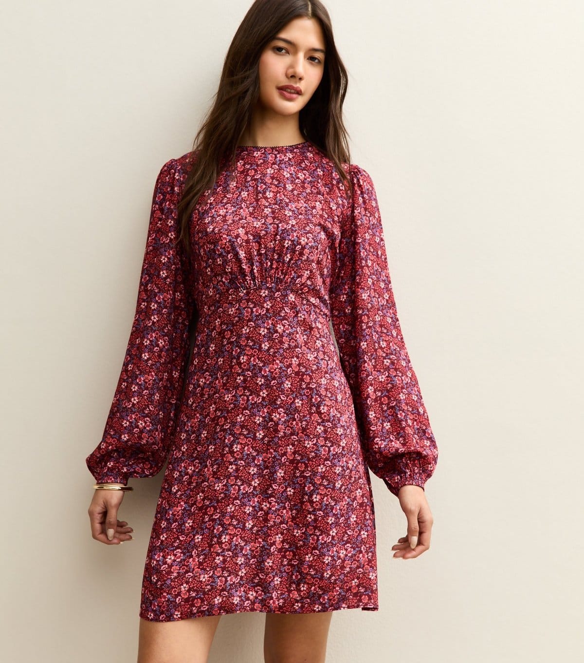 New Look Red Floral Long Sleeve Mini Dress