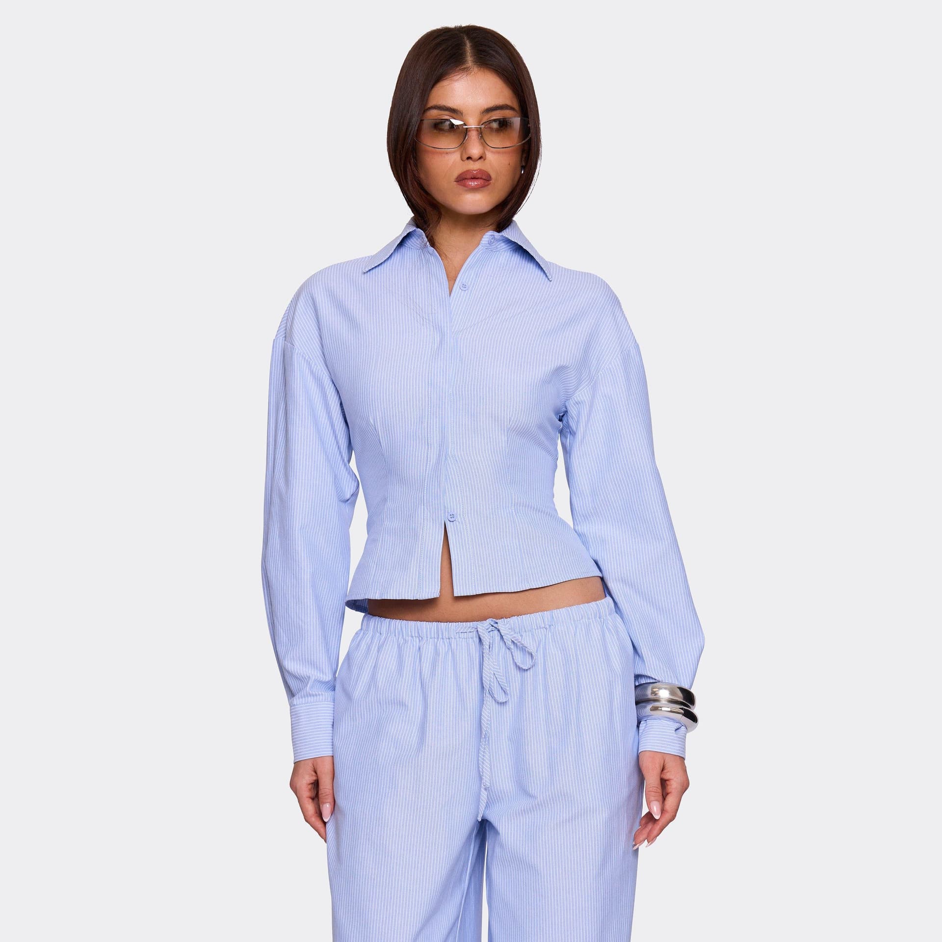 EGO Long Sleeve Button Up Front Cinched Waist Shirt In Blue Pinstripe, Women's Size UK 6