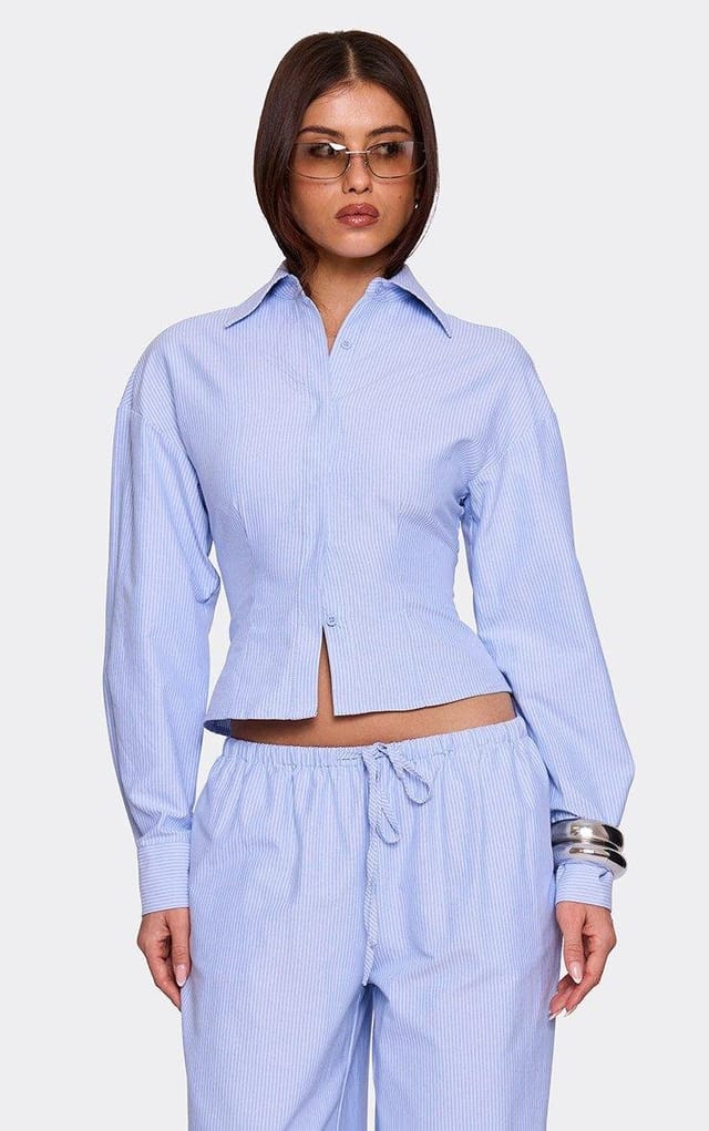 EGO Long Sleeve Button Up Front Cinched Waist Shirt In Blue Pinstripe, Women's Size UK 6 - 2
