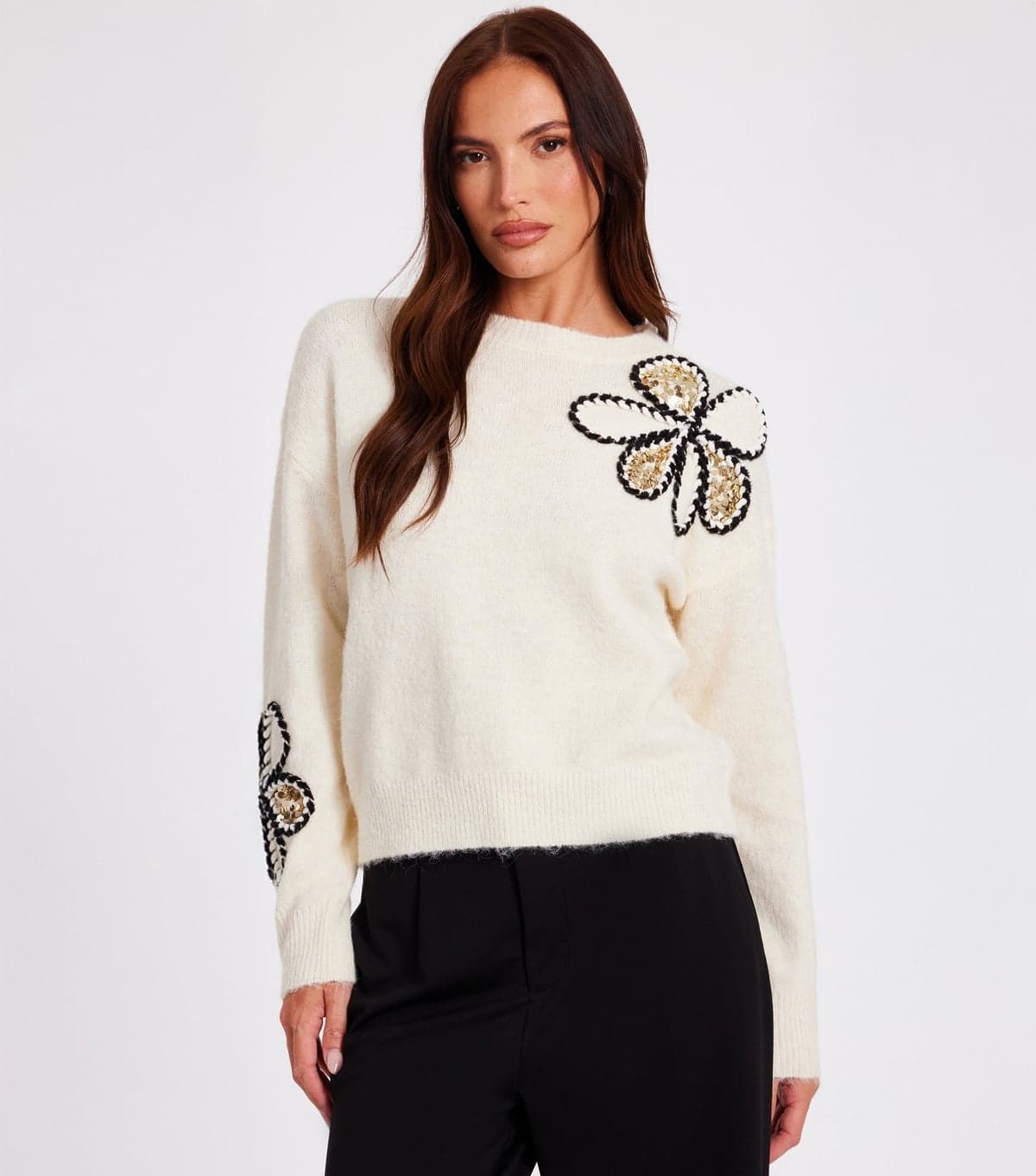 Quiz Women's Cream Knitted Floral Jumper Quiz New Look
