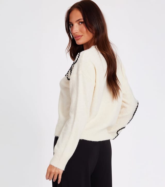 Quiz Women's Cream Knitted Floral Jumper Quiz New Look - 3