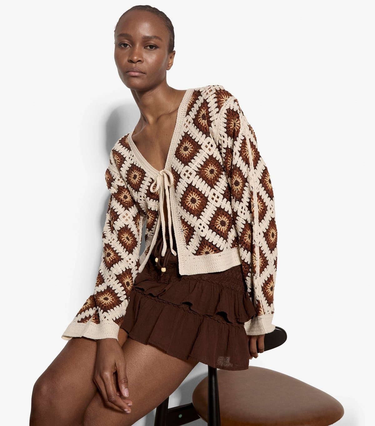 Apricot Women's Brown Patchwork Tie Front Cardigan Apricot New Look