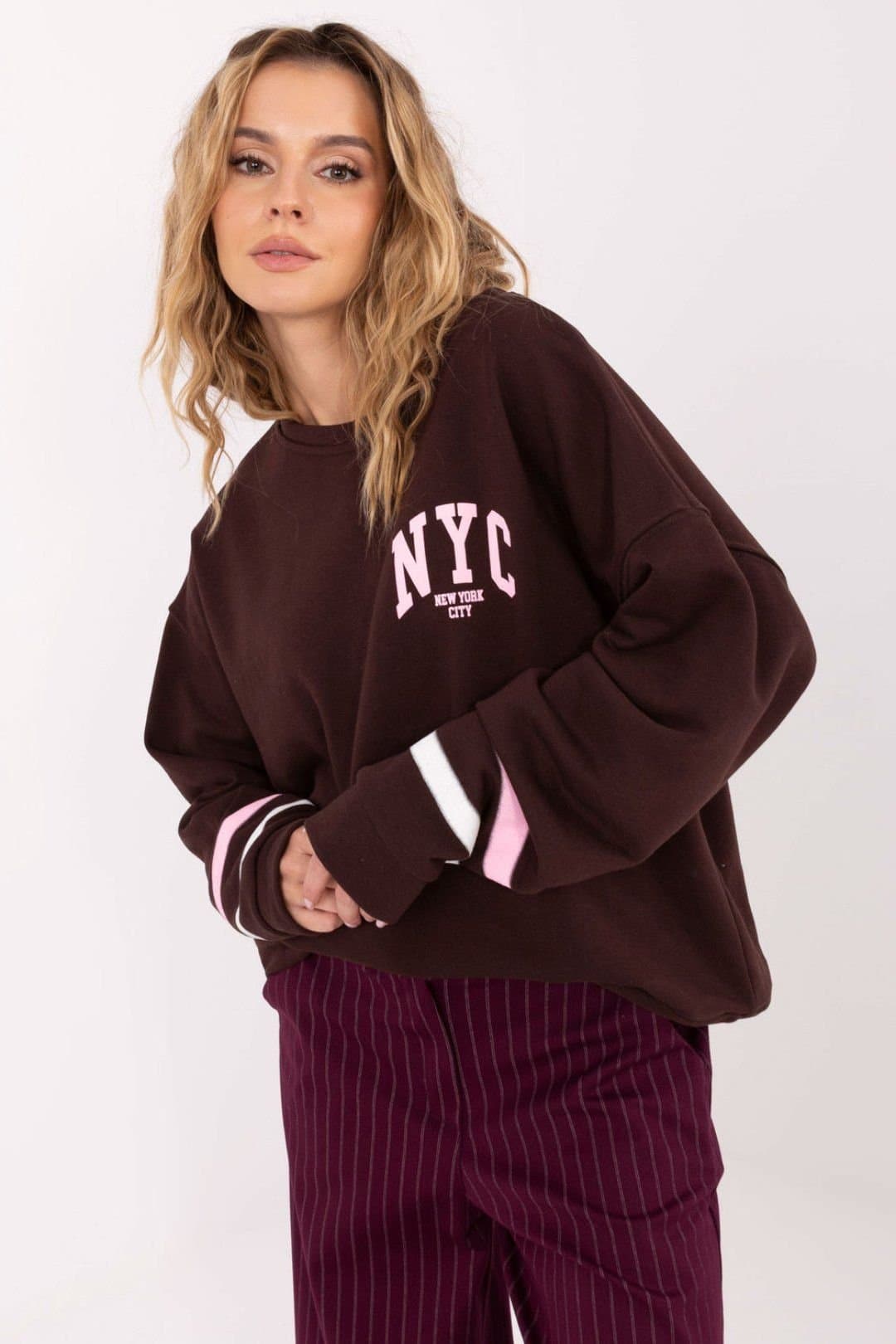 Love Lace Love Lace Women's Cotton Blend Loose Fit Striped Sleeve Sweatshirt in Brown