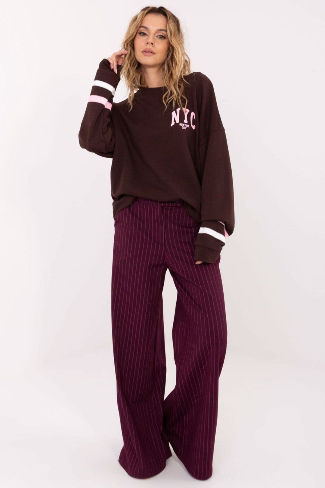 Love Lace Love Lace Women's Cotton Blend Loose Fit Striped Sleeve Sweatshirt in Brown - 4