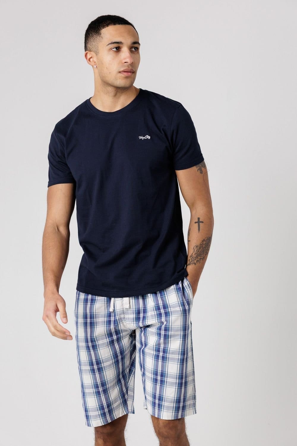 Tokyo Laundry Navy Crew Neck T-Shirt & Checked Shorts Set