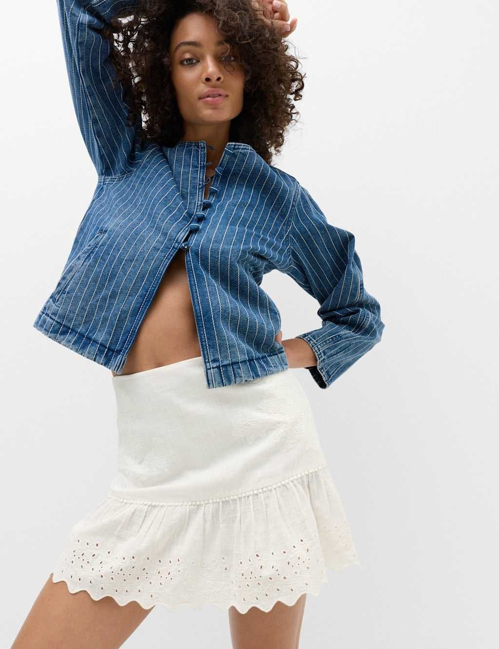 Marks & Spencer M&S Pure Cotton Broderie Mini Skater Skirt Soft White