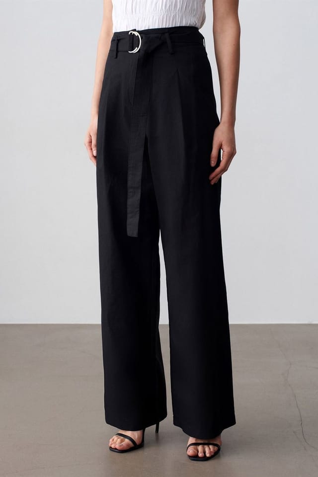 Dilvin Dilvin Women's Belted Wide-Leg Linen Blend Trousers in Black - 3
