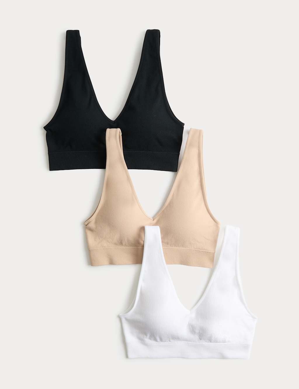 Marks & Spencer M&S 3 Pack Seamless V-Neck Crop Tops Black Mix