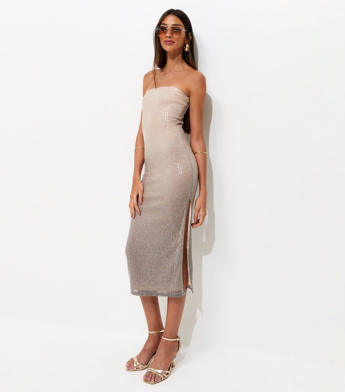 New Look Women's Mink Sequinned Bandeau Midi Dress New Look