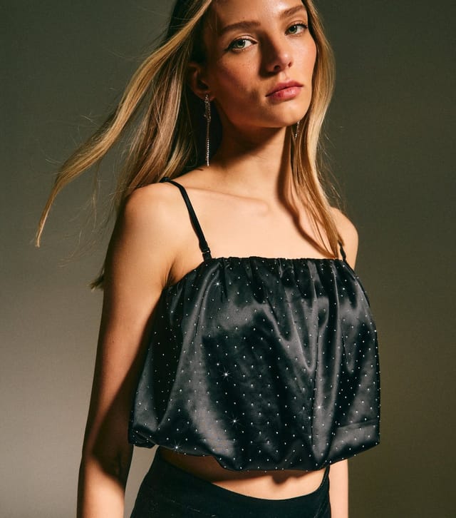 New Look Women's Black Satin Studded Bubble Crop Top New Look - 2