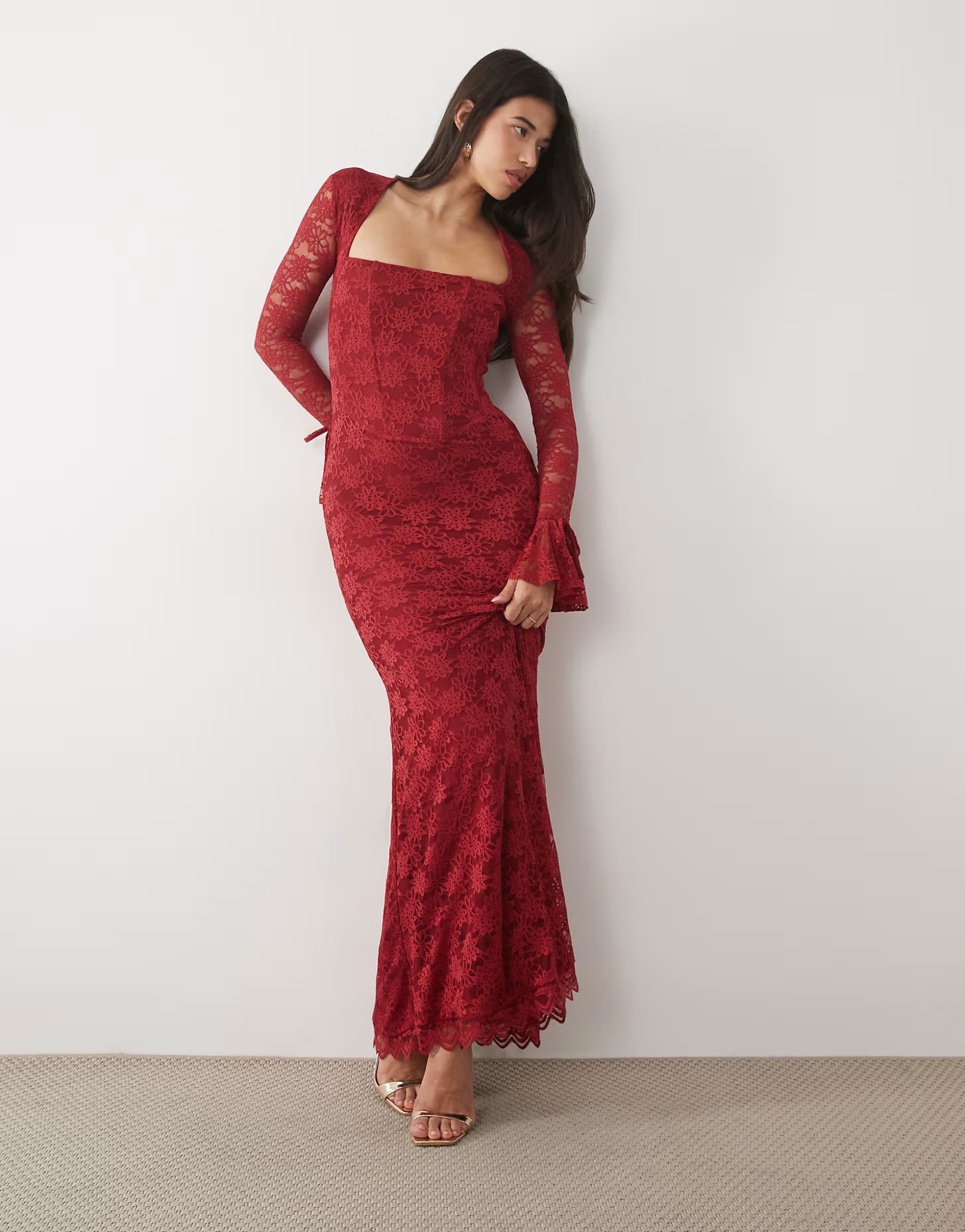ASOS Wanderdoll Juliette lace square neck flare sleeve maxi dress in wine