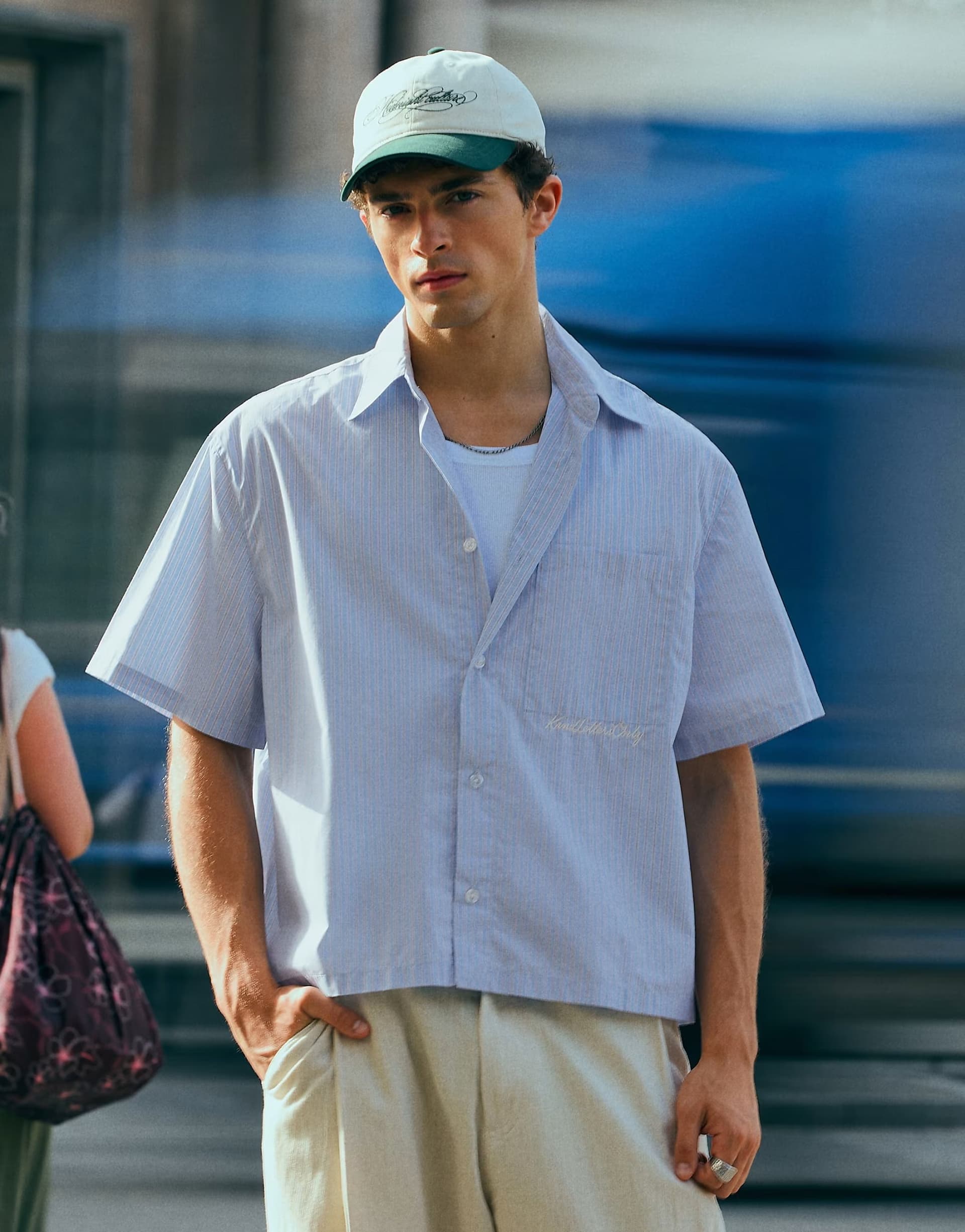ASOS Bershka Boxy fit short sleeve embroidered shirt in light blue