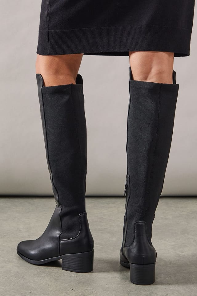 Wallis Wallis Women's Wide Fit Hannah Stretch Back Almond Toe Low Heel Knee Boots in Black - 2