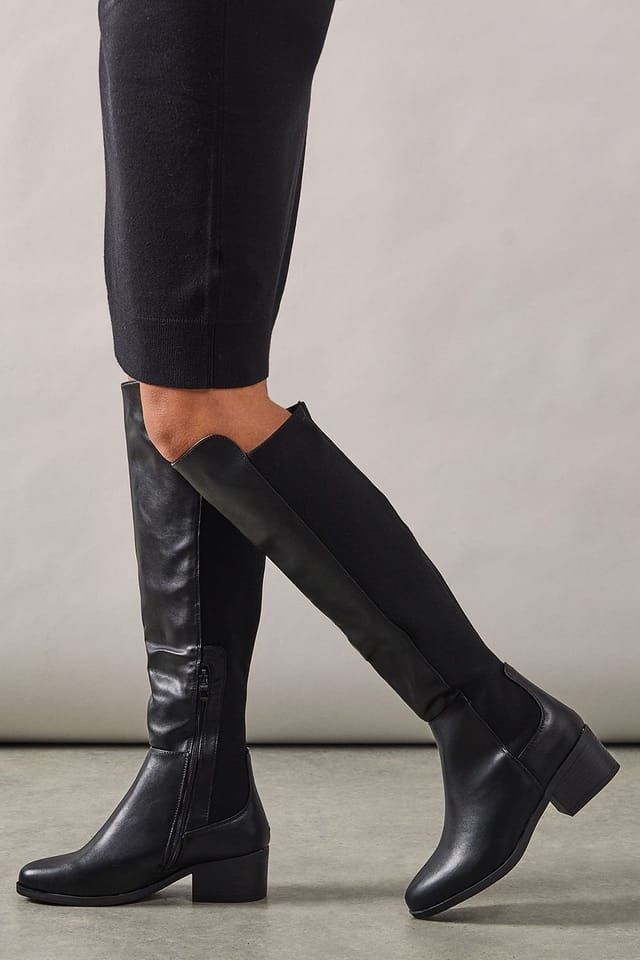 Wallis Wallis Women's Wide Fit Hannah Stretch Back Almond Toe Low Heel Knee Boots in Black - 3