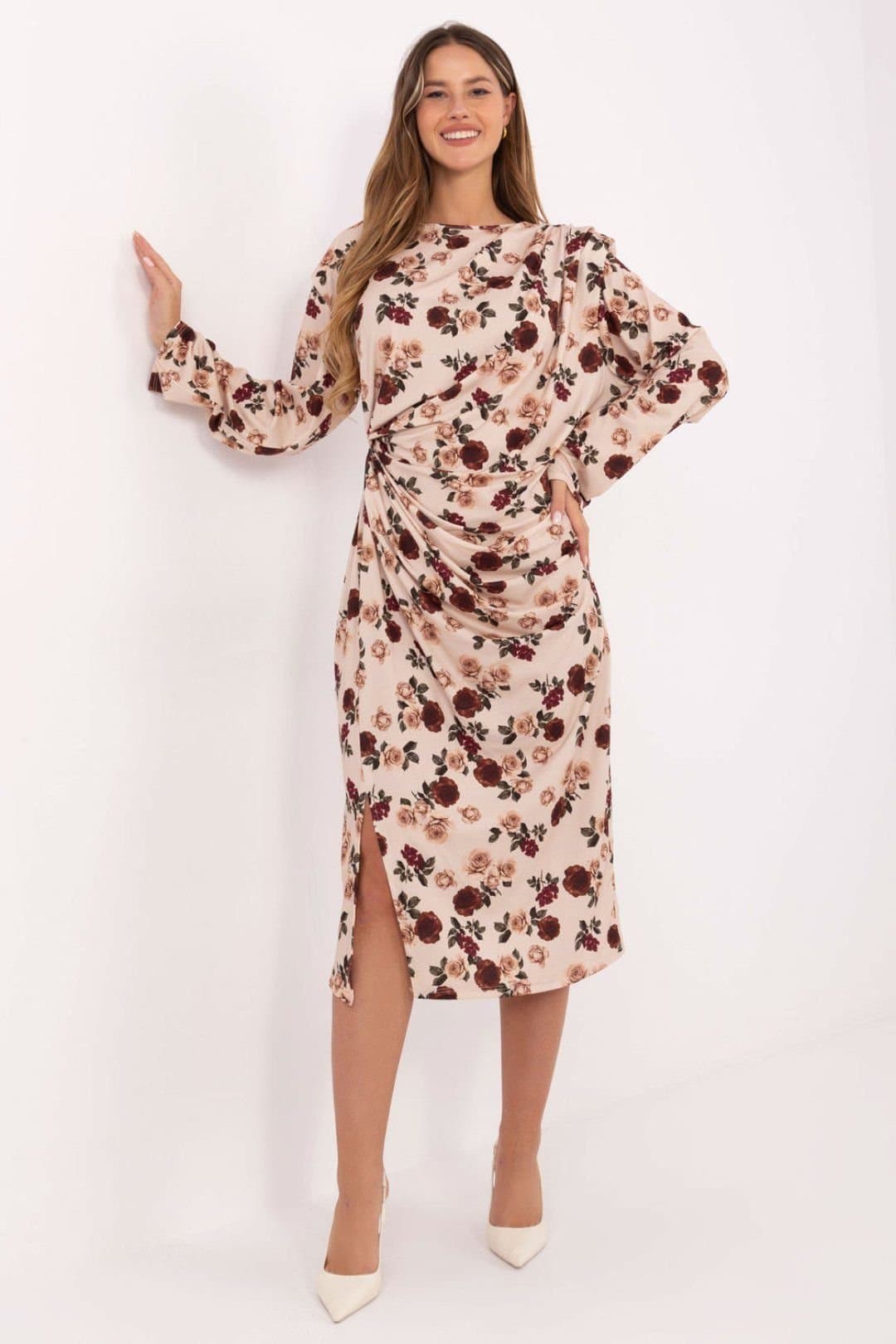 Love Lace Love Lace Women's Floral Padded Shoulder Draped Midi Dress in Beige
