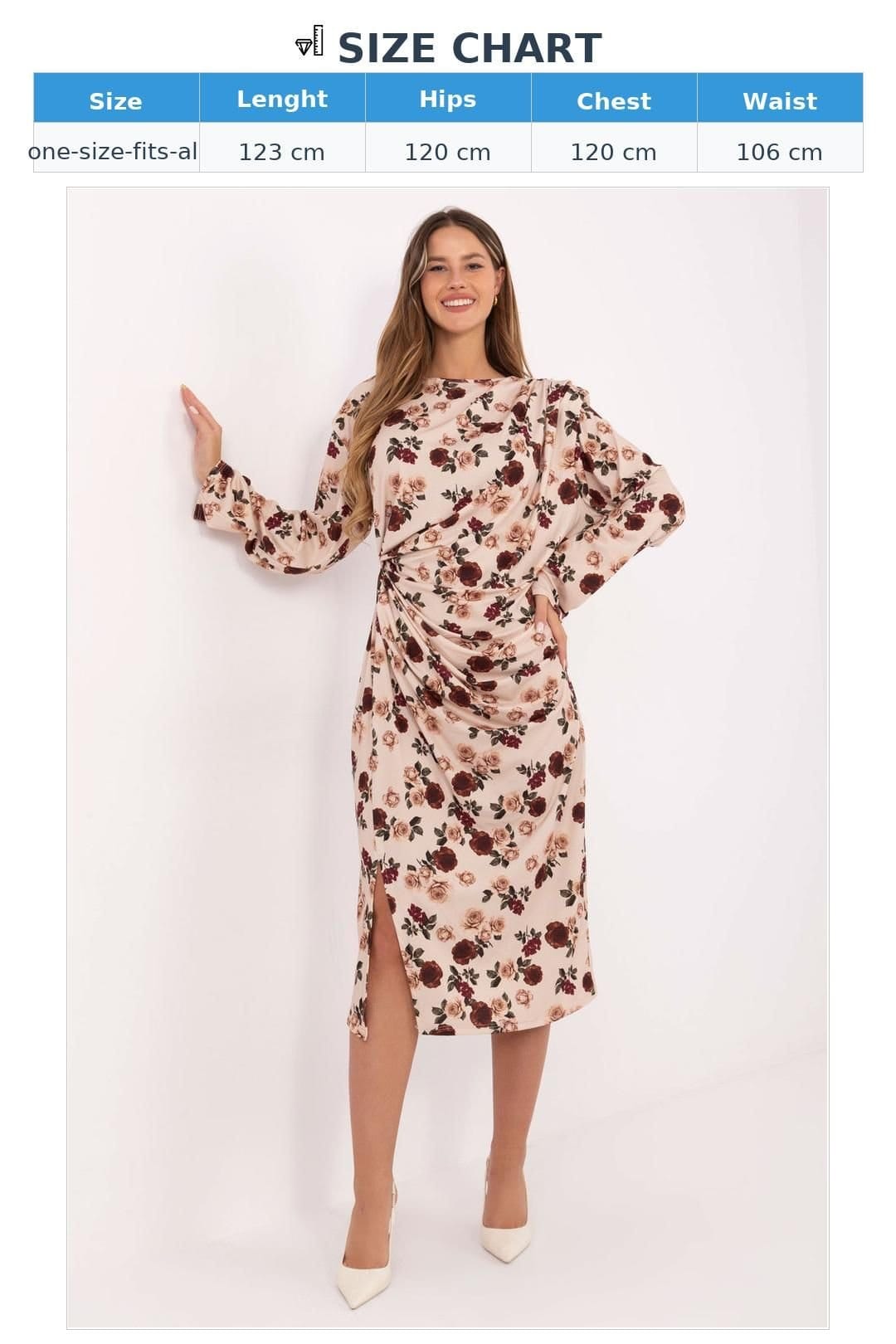 Love Lace Love Lace Women's Floral Padded Shoulder Draped Midi Dress in Beige - 4