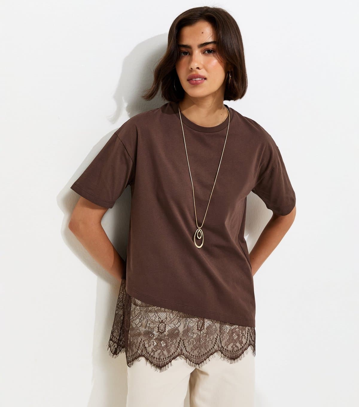 New Look Women's Dark Brown Cotton Scalloped Lace T-Shirt New Look