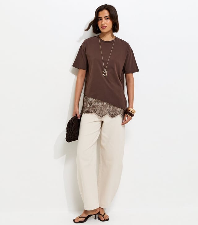 New Look Women's Dark Brown Cotton Scalloped Lace T-Shirt New Look - 3