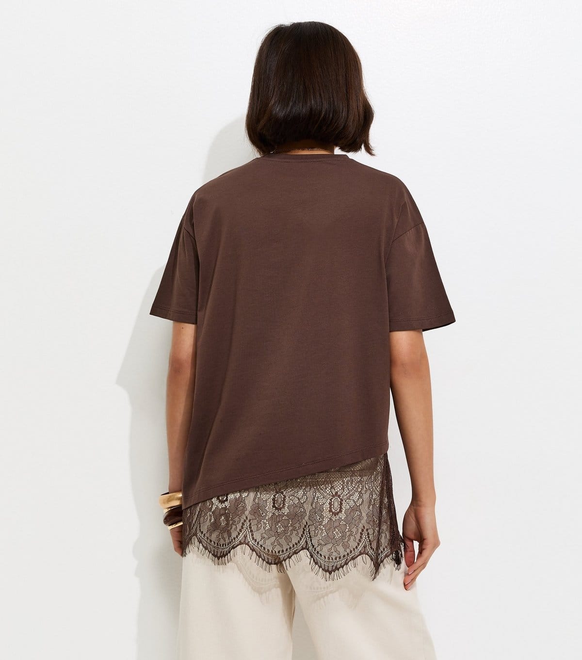 New Look Women's Dark Brown Cotton Scalloped Lace T-Shirt New Look - 4