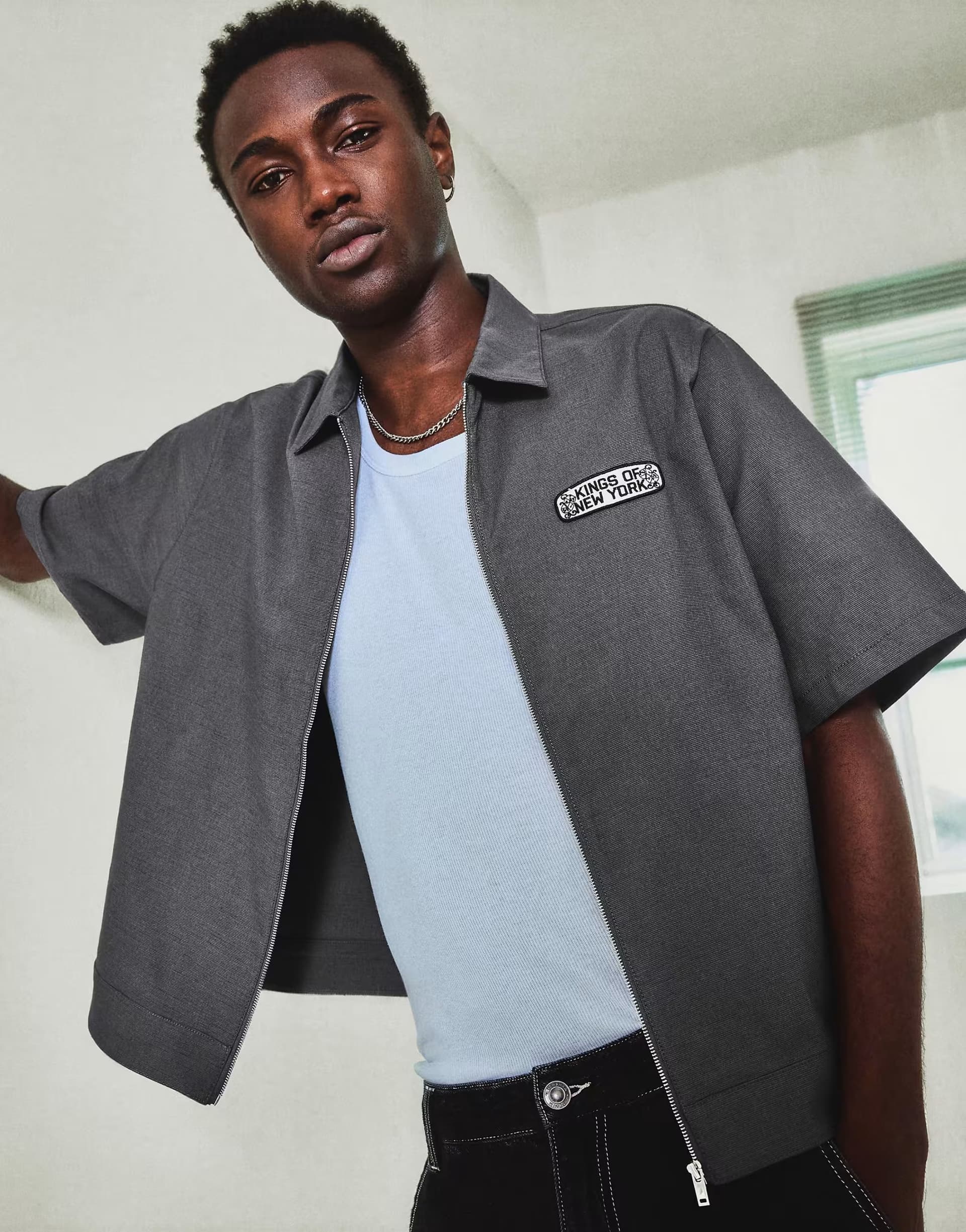 ASOS Bershka Embroidered zip short sleeve shirt in grey&black