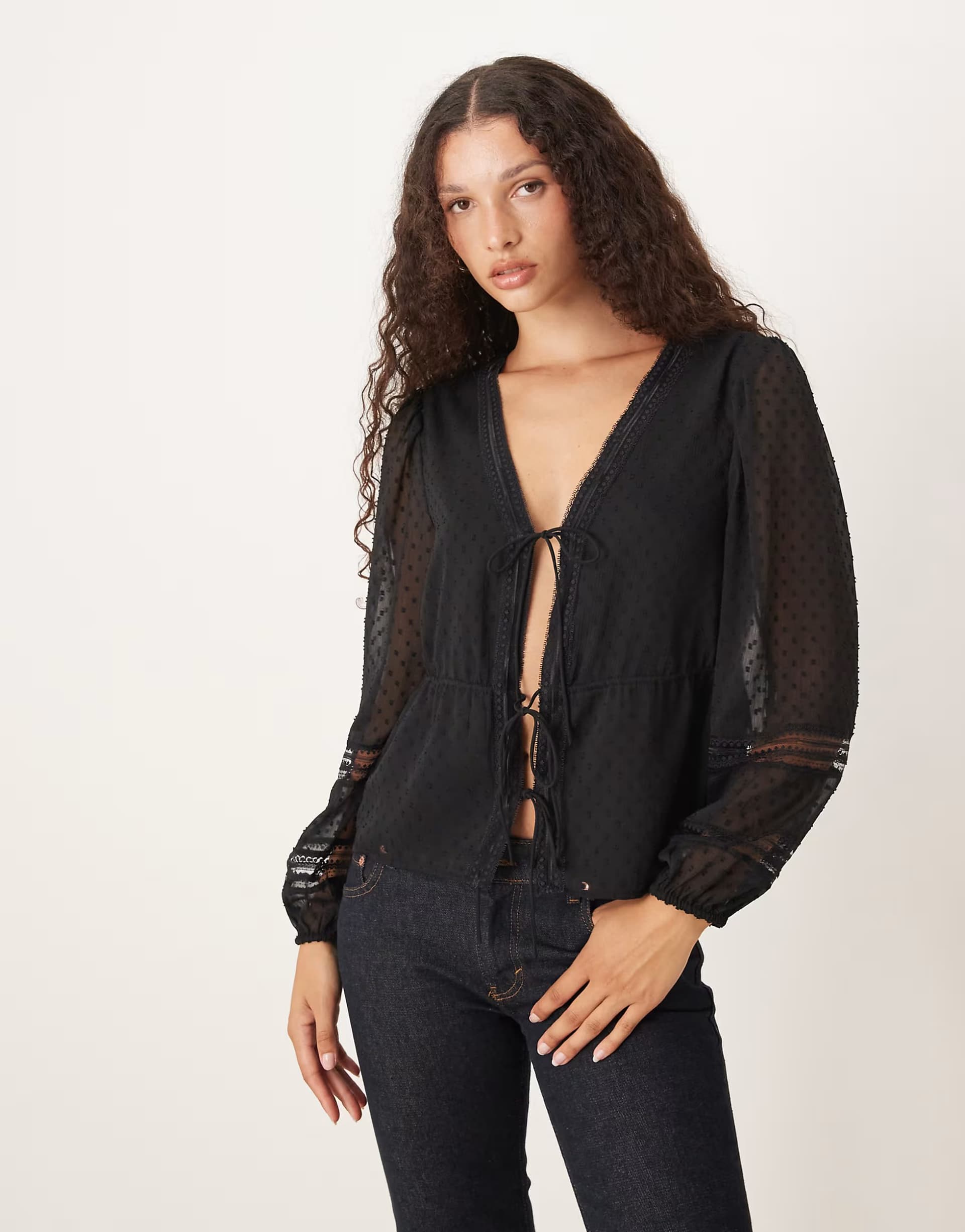 ASOS Abercrombie & Fitch tie front long sleeve blouse in black