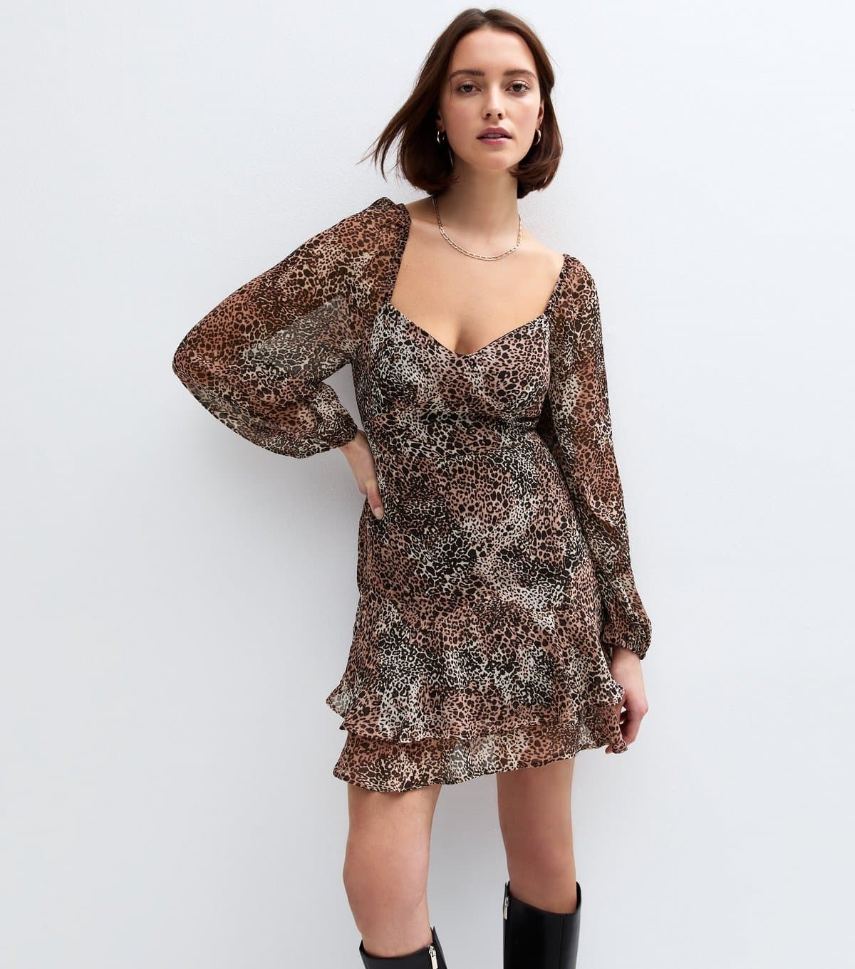 New Look Women's Brown Leopard Print Sweetheart Neck Chiffon Mini Dress New Look