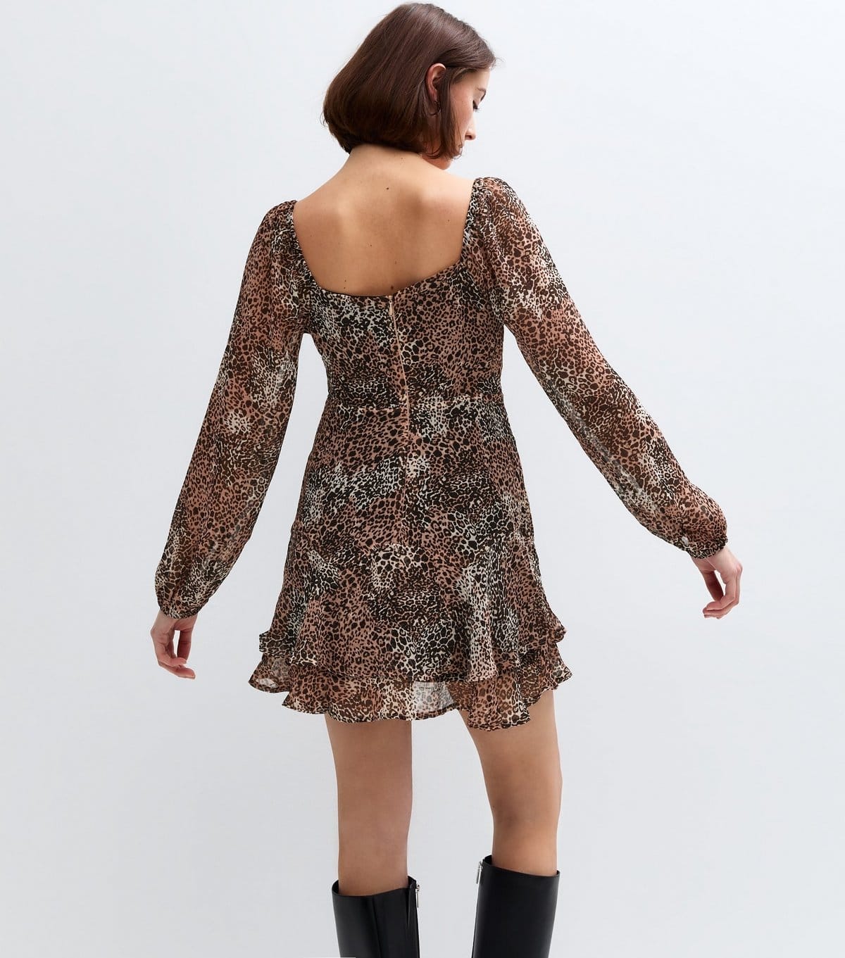 New Look Women's Brown Leopard Print Sweetheart Neck Chiffon Mini Dress New Look - 4