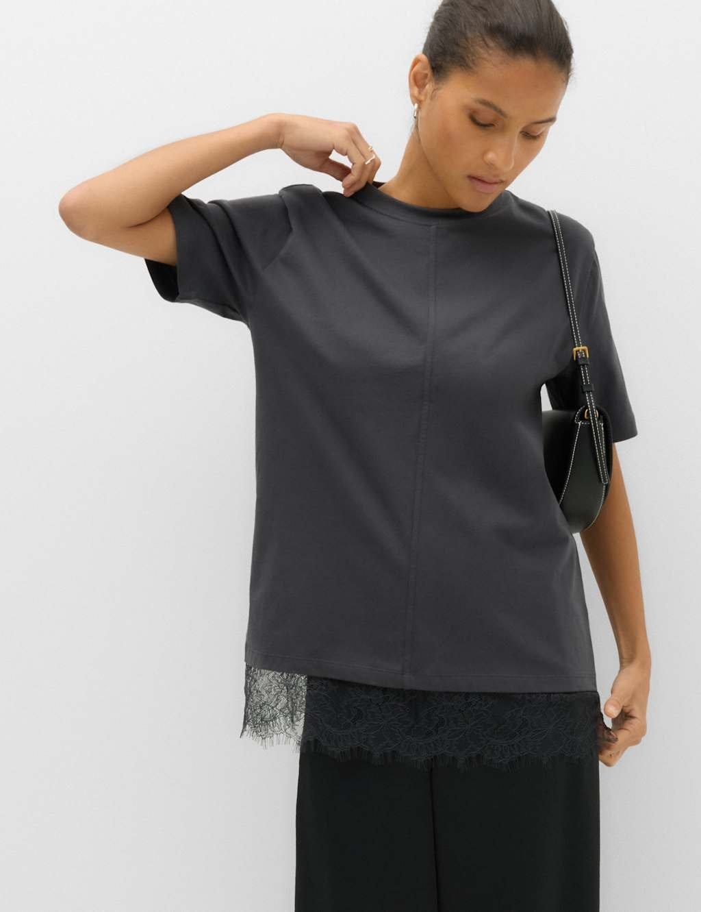 M&S Pure Cotton Lace Hem T-Shirt Nearly Black