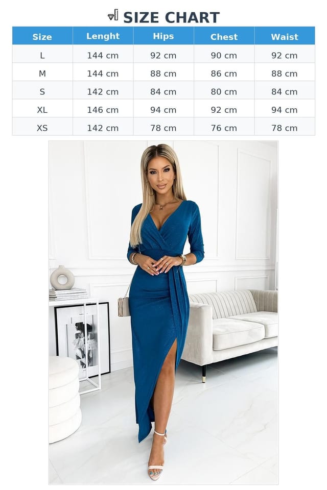 Love Lace Love Lace Women's Long Glitter Dress Envelope Neck Slit in Blue - 3