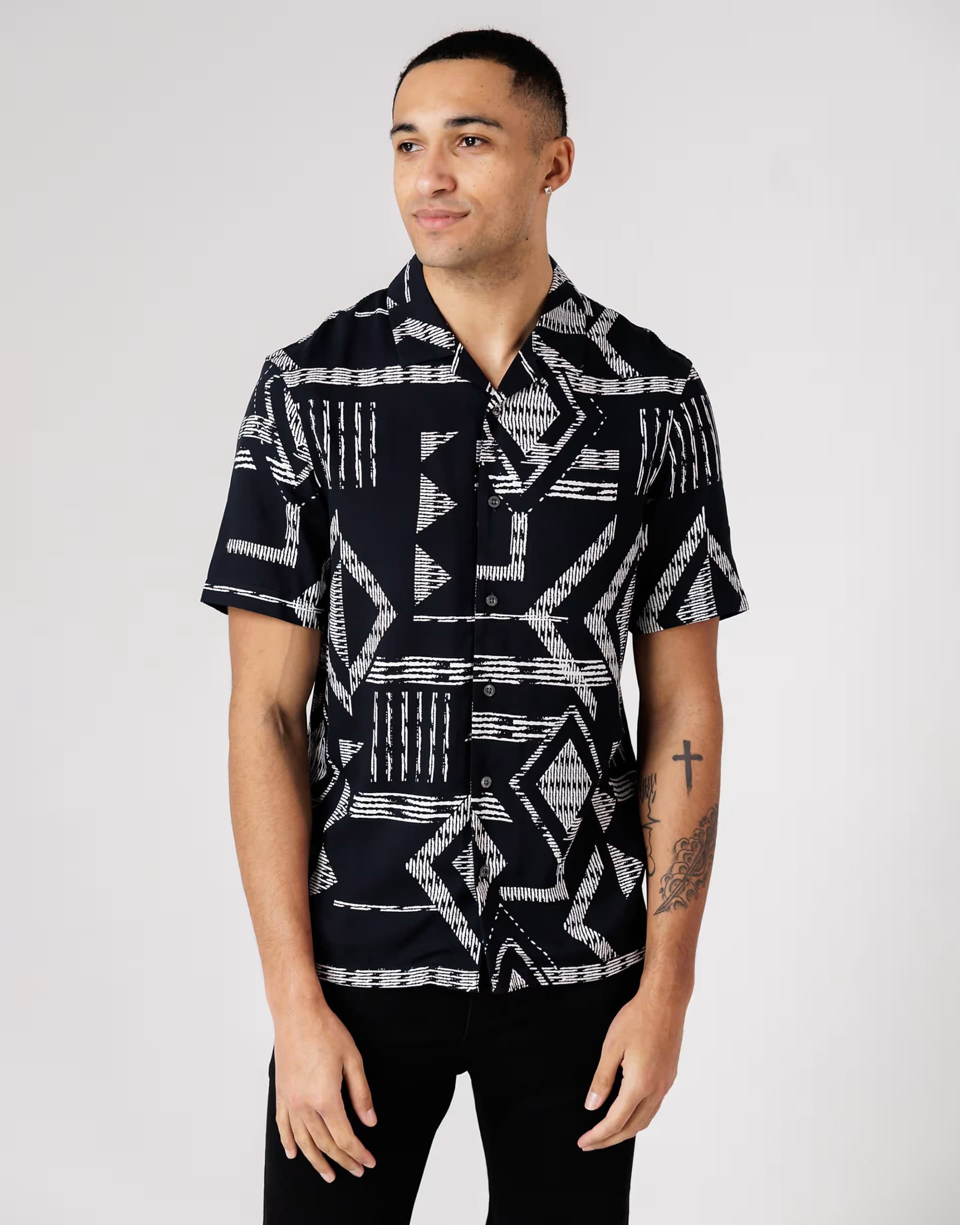 ASOS French Connection Geometric print short sleeve shirt in black