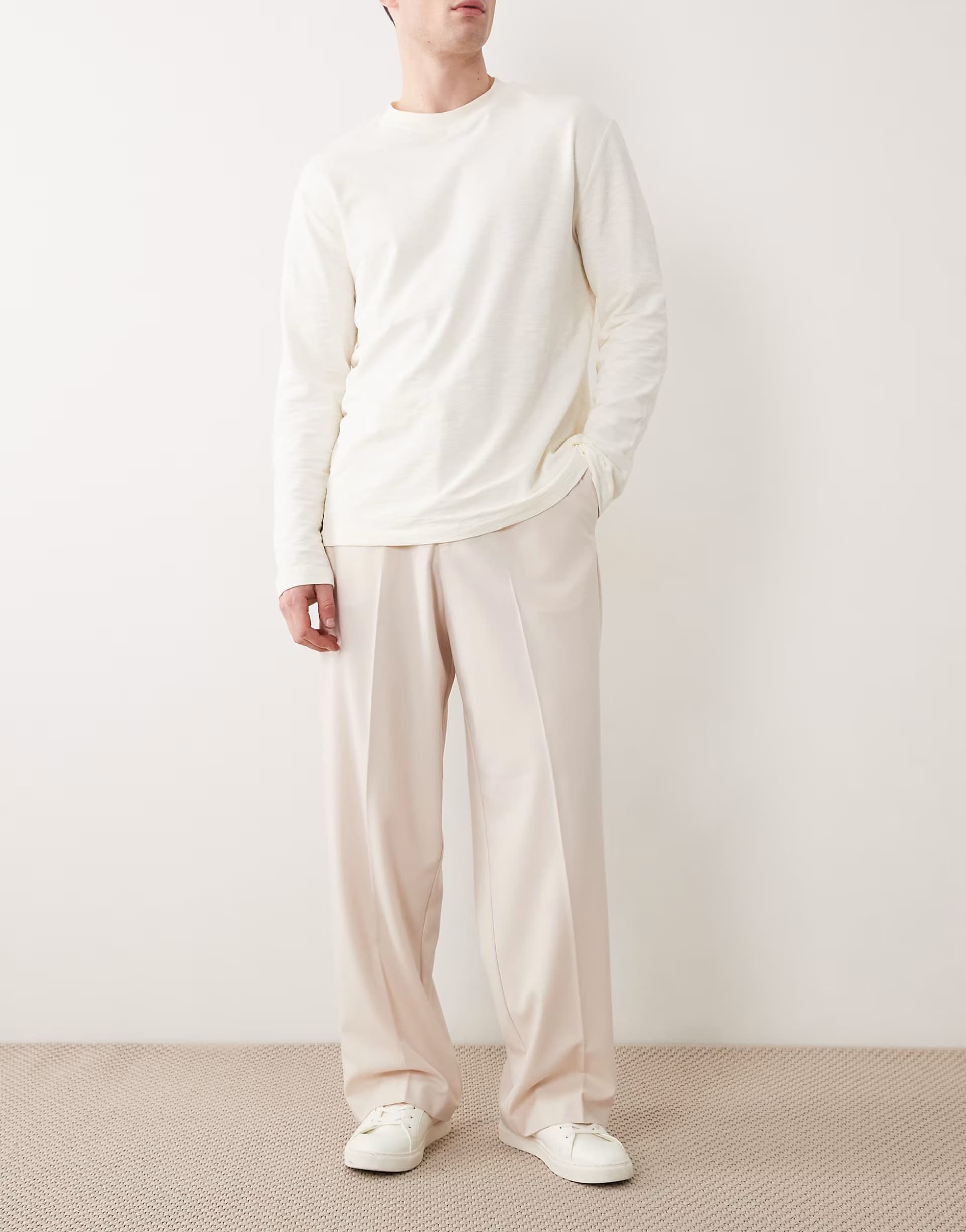 ASOS ASOS DESIGN smart wide leg comfort stretch trousers in ecru twill with elasticated waist