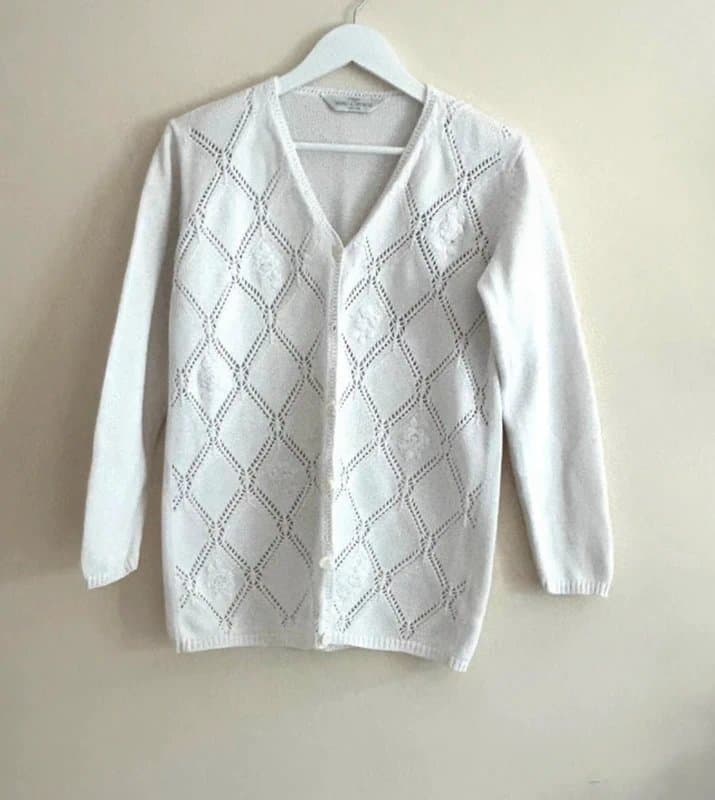St Michael 🧶 Vintage St Michael Cream Diamond Knit Floral Cardigan M&S UK 8 100% Cotton Grannycore Softcore