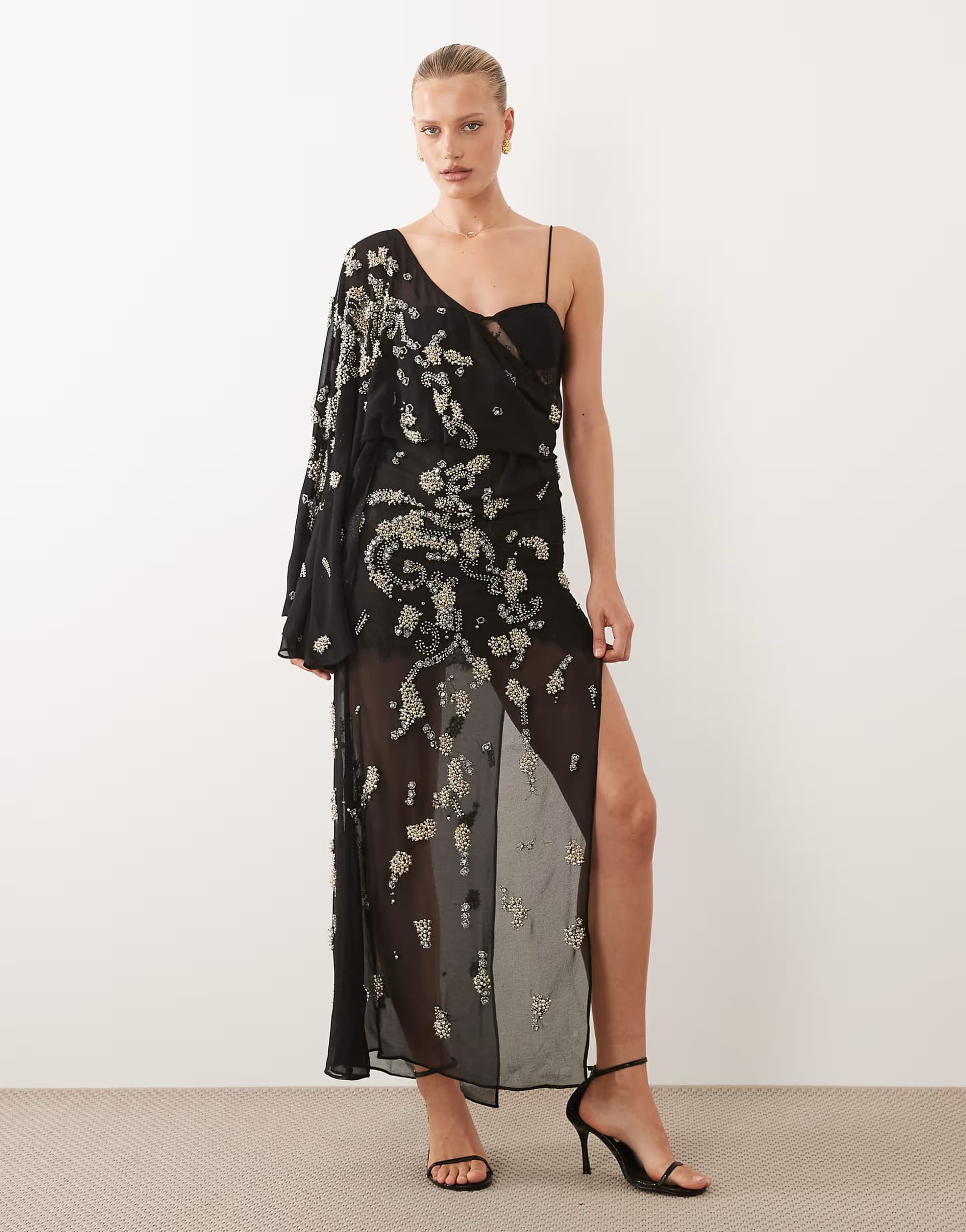 ASOS ASOS DESIGN draped batwing sleeve embellished maxi dress with lace in black