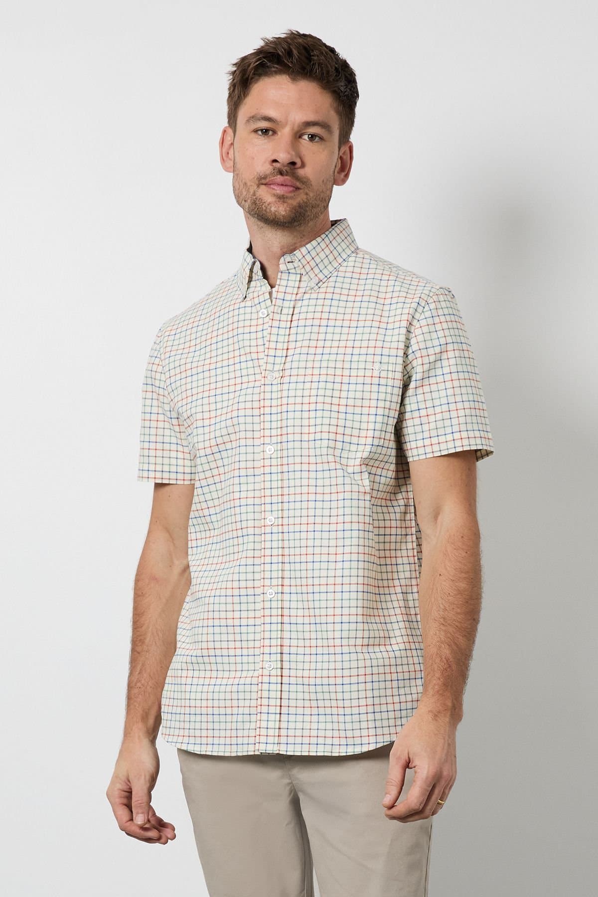 Maine Maine Men's Off White Window Check Short Sleeve Shirt in Off-White