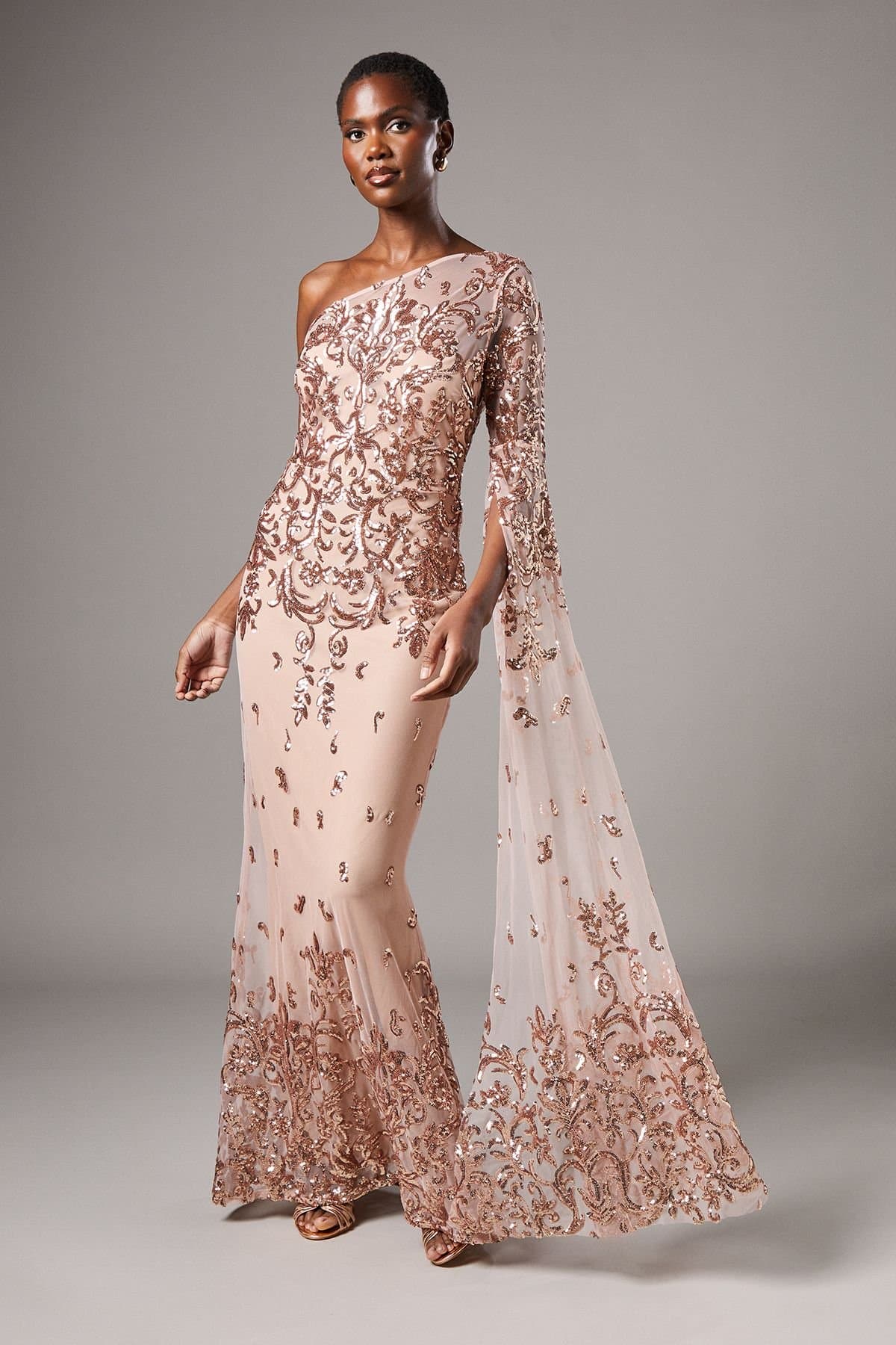 Coast Coast Women's One Shoulder Maxi Dress In Lace With Cape Sleeve in Champagne