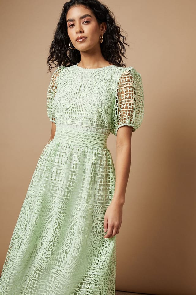 Oasis Oasis Women's Petite Lace Puff Sleeve Midaxi Dress in Pistachio - 2